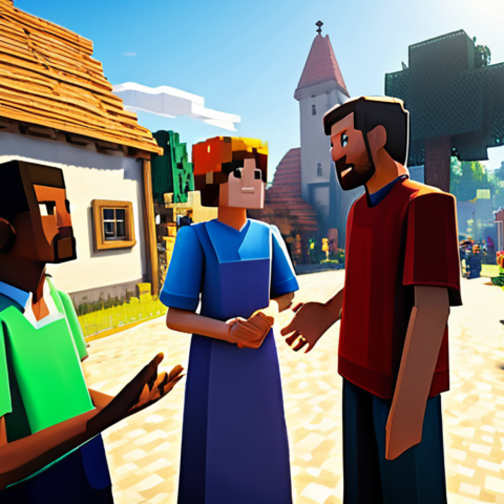 A professional illustration of three Minecraft-style villagers, fully clothed in their traditional modest attire, engaged in a vibrant, natural conversation in a sunlit village square. One villager gestures expressively while another listens intently, showcasing active, meaningful dialogue. The scene is professionally rendered, with perfect anatomy, correct proportions, well-formed hands, proper finger count, and natural body proportions. This image is safe for work, appropriate content, family-friendly, and fully clothed.