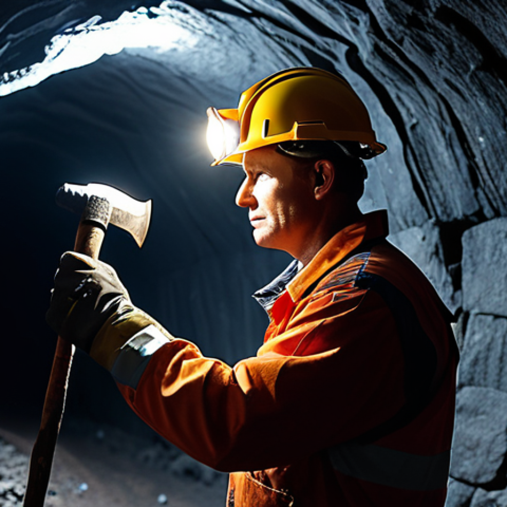 A focused, professional miner in a modest, durable mining uniform, wearing a protective helmet with a gentle headlamp. The miner stands in a perfectly lit "branch mining" tunnel, crafted with clean, smooth stone walls. Visible veins of coal and iron ore are embedded in the rock. The miner holds a pickaxe in a natural pose, ready to work. Photorealistic, cinematic lighting, volumetric dust particles subtly illuminated by the headlamp, professional photography, high resolution, safe for work, appropriate content, fully clothed, modest clothing, correct proportions, natural body proportions, perfect anatomy, well-formed hands, proper finger count, family-friendly.