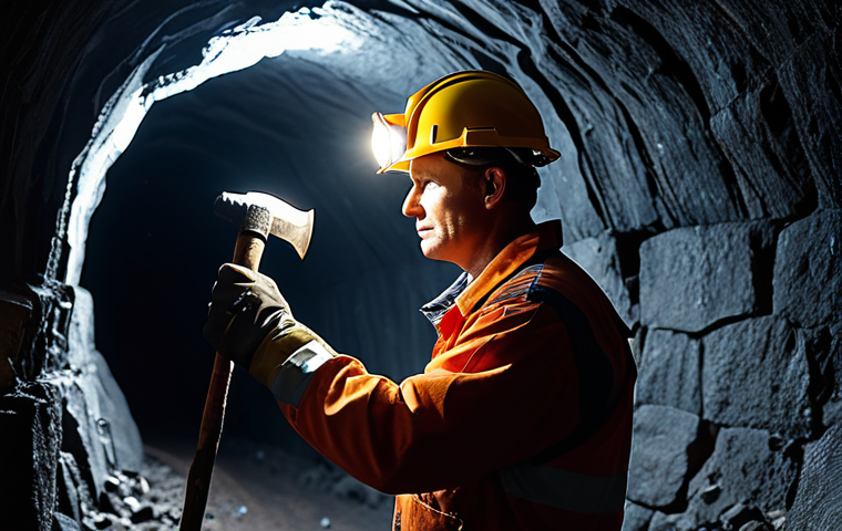 A focused, professional miner in a modest, durable mining uniform, wearing a protective helmet with a gentle headlamp. The miner stands in a perfectly lit "branch mining" tunnel, crafted with clean, smooth stone walls. Visible veins of coal and iron ore are embedded in the rock. The miner holds a pickaxe in a natural pose, ready to work. Photorealistic, cinematic lighting, volumetric dust particles subtly illuminated by the headlamp, professional photography, high resolution, safe for work, appropriate content, fully clothed, modest clothing, correct proportions, natural body proportions, perfect anatomy, well-formed hands, proper finger count, family-friendly.
