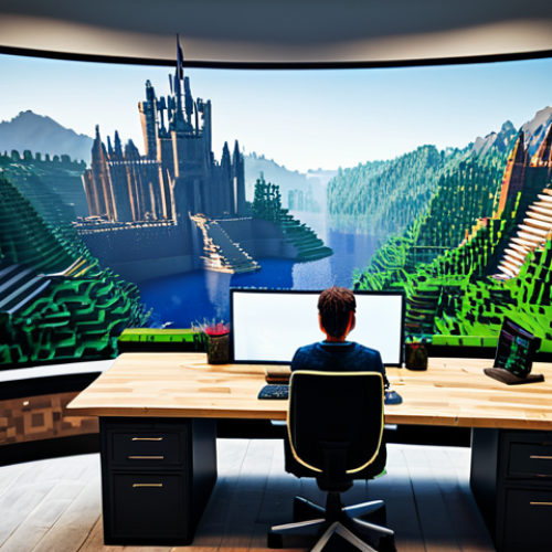 Home 28 A professional digital architect, fully clothed in a modest business casual outfit, sits at a sleek, minimalist workstation. On a large, vibrant monitor, a sprawling, intricately detailed Minecraft world is displayed, showcasing a colossal medieval city with towering structures, meticulously terraformed mountains, and a realistic river system with dynamic water reflections. Subtle visual elements suggest the use of advanced world-editing tools, highlighting the immense scale achieved through efficient construction. The scene is illuminated by soft, natural light, creating a professional and inspiring atmosphere. The architect has perfect anatomy, correct proportions, well-formed hands, and a natural pose, deeply focused on their creation. Safe for work, appropriate content, fully clothed, professional, family-friendly.