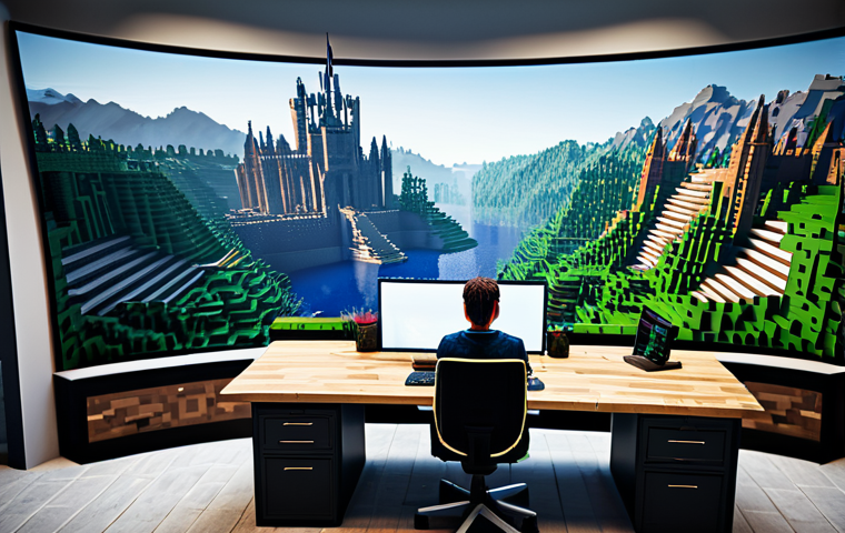 A professional digital architect, fully clothed in a modest business casual outfit, sits at a sleek, minimalist workstation. On a large, vibrant monitor, a sprawling, intricately detailed Minecraft world is displayed, showcasing a colossal medieval city with towering structures, meticulously terraformed mountains, and a realistic river system with dynamic water reflections. Subtle visual elements suggest the use of advanced world-editing tools, highlighting the immense scale achieved through efficient construction. The scene is illuminated by soft, natural light, creating a professional and inspiring atmosphere. The architect has perfect anatomy, correct proportions, well-formed hands, and a natural pose, deeply focused on their creation. Safe for work, appropriate content, fully clothed, professional, family-friendly.