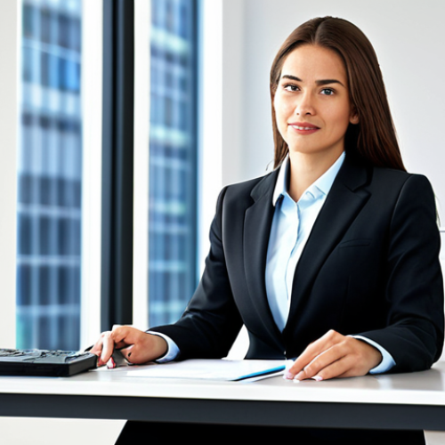 Home 27 **
A professional businesswoman in a modest business suit, sitting at a desk in a modern office, fully clothed, appropriate attire, safe for work, perfect anatomy, natural proportions, professional photography, high quality.
**
