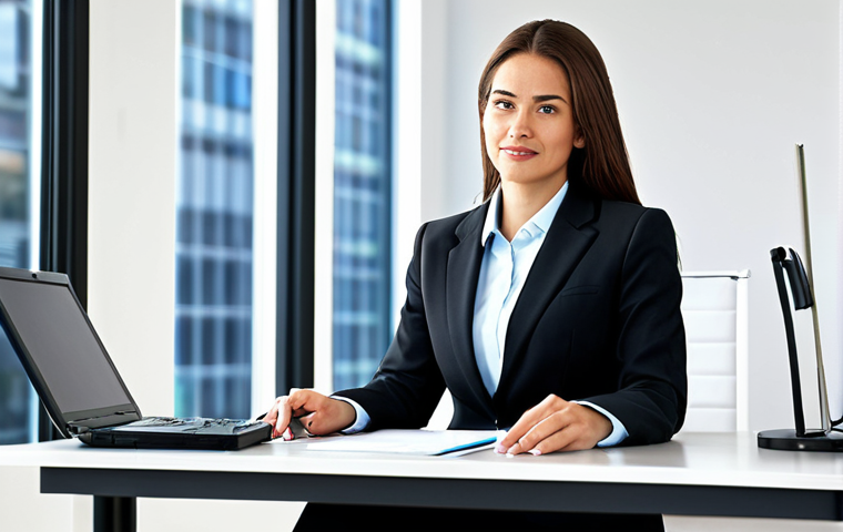 **

A professional businesswoman in a modest business suit, sitting at a desk in a modern office, fully clothed, appropriate attire, safe for work, perfect anatomy, natural proportions, professional photography, high quality.

**