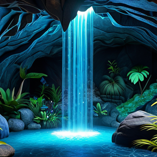 Home 12 "Cueva mística con cascada iluminada con glowstone azul, vegetación exuberante, estilo de fantasía, detalles intrincados, renderizado 3D, alta calidad." (Mystical cave with waterfall lit by blue glowstone, lush vegetation, fantasy style, intricate details, 3D rendering, high quality.)