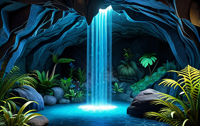 "Cueva mística con cascada iluminada con glowstone azul, vegetación exuberante, estilo de fantasía, detalles intrincados, renderizado 3D, alta calidad." (Mystical cave with waterfall lit by blue glowstone, lush vegetation, fantasy style, intricate details, 3D rendering, high quality.)