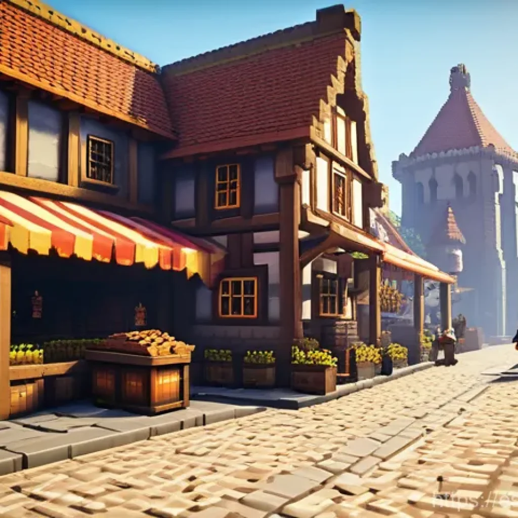 마인크래프트 NPC 캐릭터 설정 - **Prompt 1: "A vibrant, bustling medieval-fantasy Minecraft city street at daytime. The scene is fil...