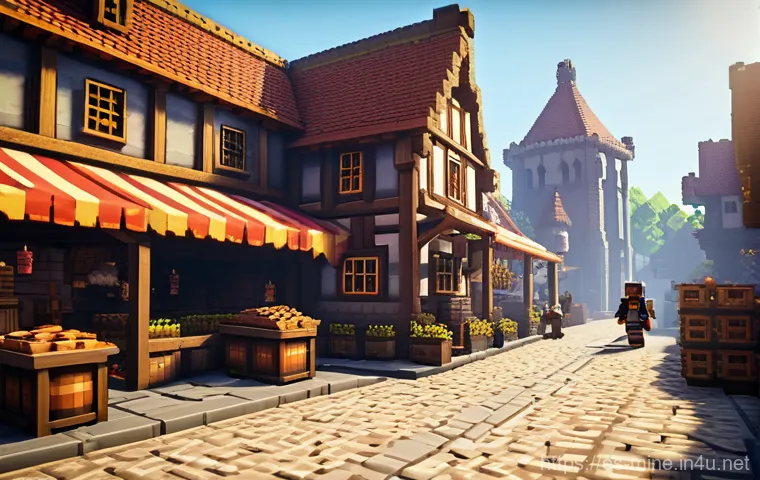 마인크래프트 NPC 캐릭터 설정 - **Prompt 1: "A vibrant, bustling medieval-fantasy Minecraft city street at daytime. The scene is fil...