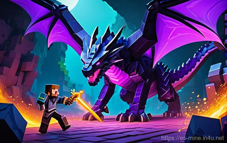 마인크래프트 용 처치 전략 - An agile Minecraft warrior, wearing fully enchanted diamond armor, expertly scales a towering obsidi...