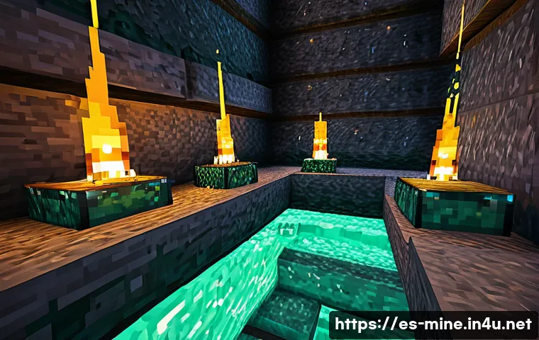 마인크래프트 채광 최적화 가이드 - A detailed Minecraft underground mining scene showing a player using branch mining technique at diam...