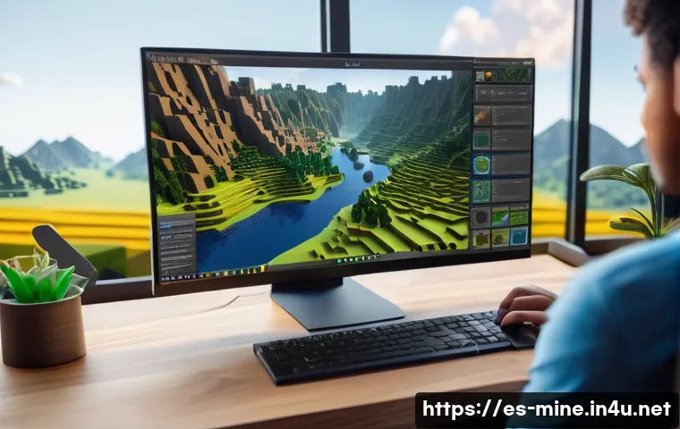 마인크래프트 지도 커스터마이징 - A detailed digital artwork of a Minecraft map editor interface, showing a user customizing a fantasy...