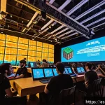 Home 21 마인크래프트 팬 이벤트 개최 - A vibrant scene of a large collaborative Minecraft building event inside a modern cultural center in...