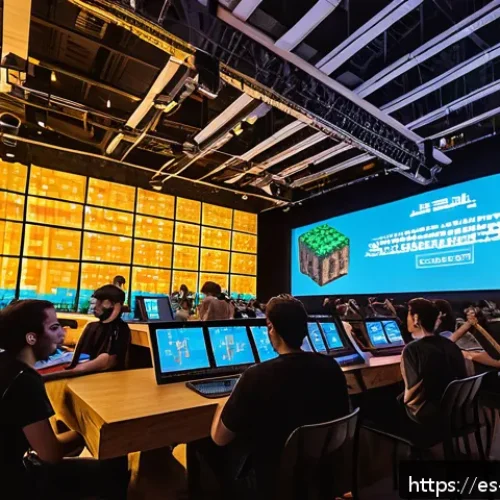 Home 33 마인크래프트 팬 이벤트 개최 - A vibrant scene of a large collaborative Minecraft building event inside a modern cultural center in...