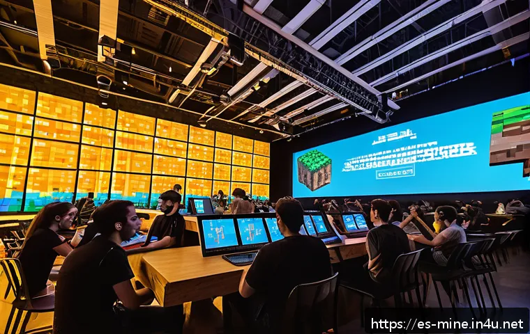 마인크래프트 팬 이벤트 개최 - A vibrant scene of a large collaborative Minecraft building event inside a modern cultural center in...