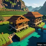 Home 20 마인크래프트 서바이벌 마스터하기 - A detailed Minecraft-inspired scene showing a secure and efficient starter base built near a river w...
