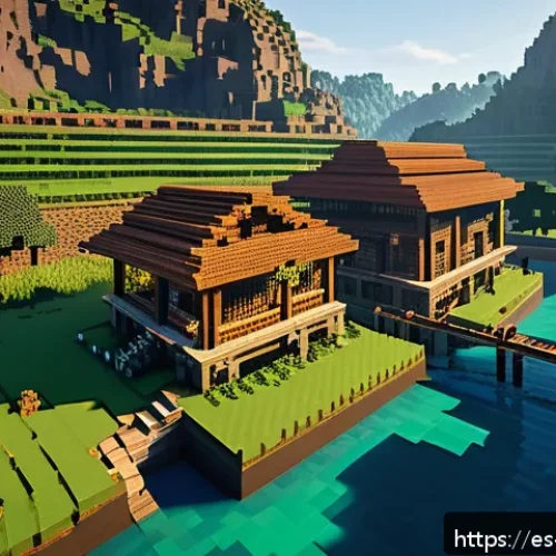 Home 32 마인크래프트 서바이벌 마스터하기 - A detailed Minecraft-inspired scene showing a secure and efficient starter base built near a river w...