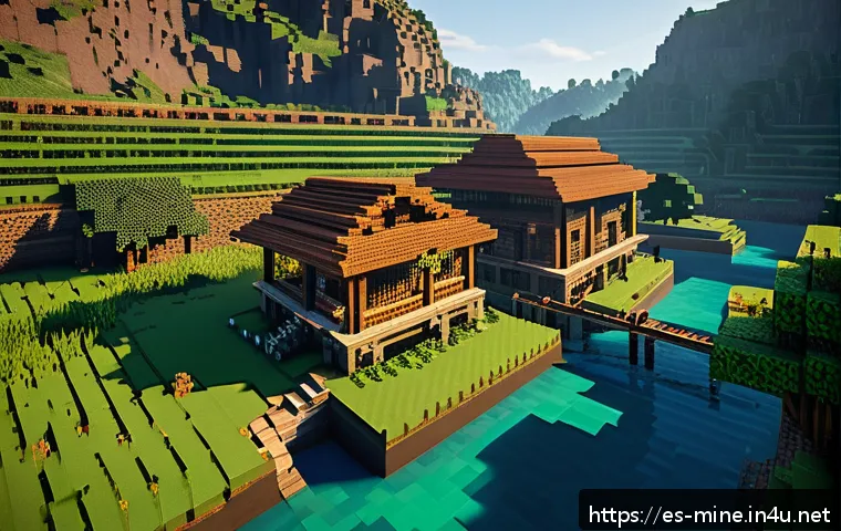 마인크래프트 서바이벌 마스터하기 - A detailed Minecraft-inspired scene showing a secure and efficient starter base built near a river w...