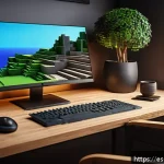 Home 19 마인크래프트 모드 설치 방법 - A detailed digital illustration of a cozy gaming setup in a modern Spanish home, featuring a desktop...