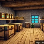Home 18 마인크래프트 레벨업 공략법 - A detailed Minecraft-style scene showing a well-organized base interior with multiple chests neatly ...