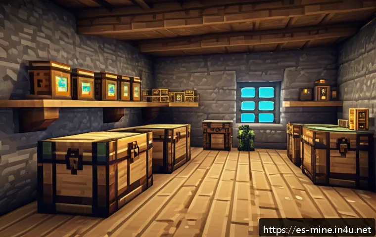 마인크래프트 레벨업 공략법 - A detailed Minecraft-style scene showing a well-organized base interior with multiple chests neatly ...