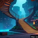 Home 23 마인크래프트 초현실 건축 팁 - A surreal Minecraft architectural scene featuring floating twisted bridges and curved walls with unu...