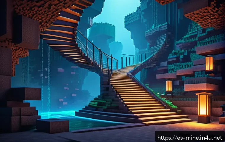 마인크래프트 초현실 건축 팁 - A surreal Minecraft architectural scene featuring floating twisted bridges and curved walls with unu...