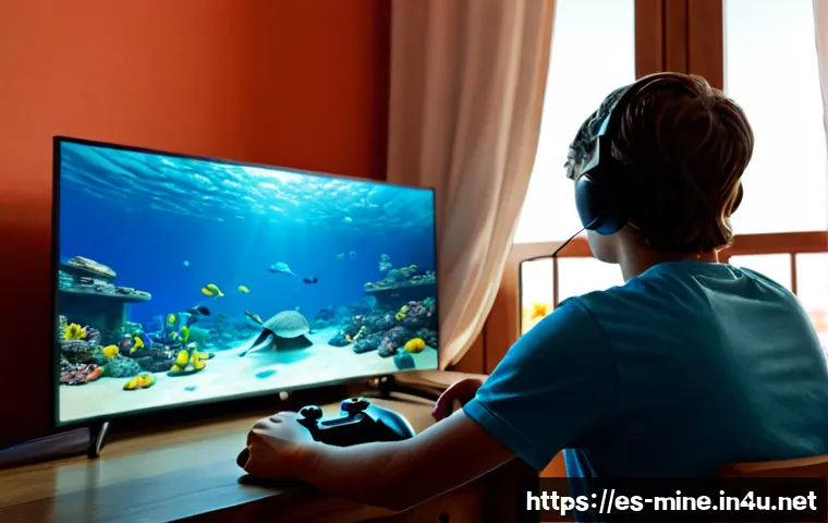 마인크래프트 아쿠아틱 업데이트 활용 - Photorealistic cozy living room in Spain, a teenage gamer viewed from behind using a controller whil...