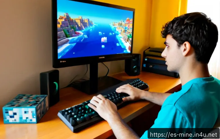 Home 17 마인크래프트 버그 수정법 - Photorealistic home desk scene in Spain, a focused young adult troubleshooting a colorful block-buil...